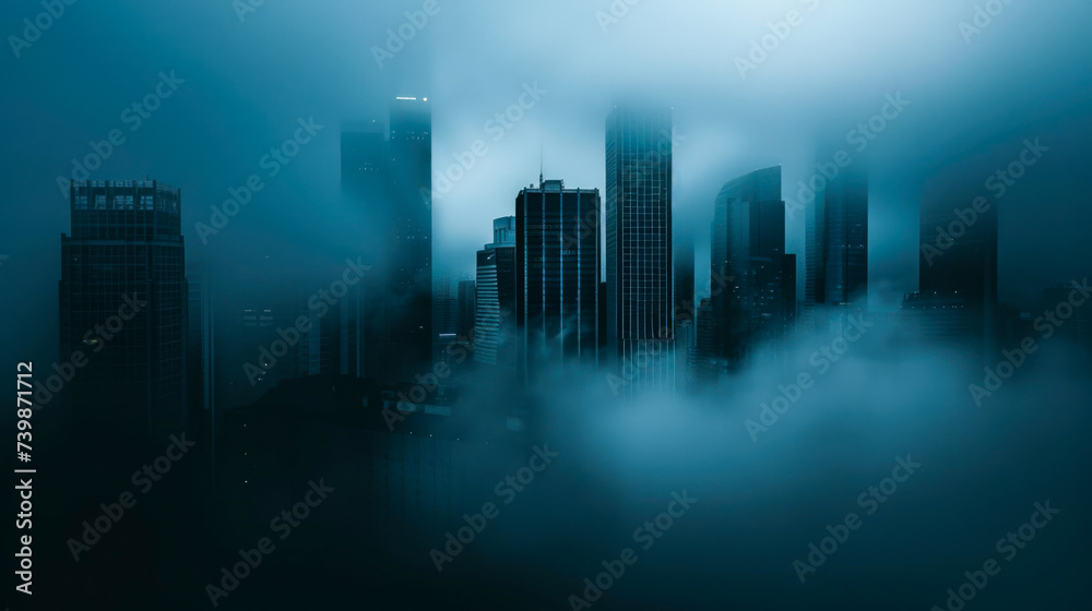 Mysterious Cityscape Shrouded in Dense Fog