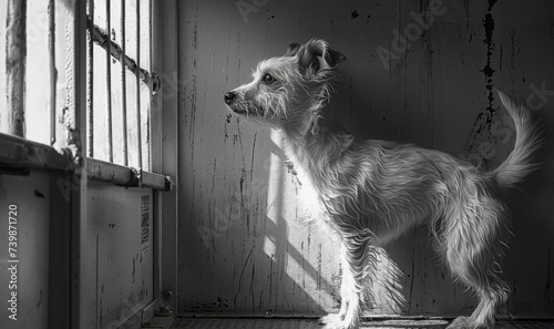 Black and white image of a solitary dog in a kennel looking out to the light, evoking feelings of hope and anticipation for a brighter future