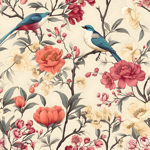  Chinoiseries Chinese painting style with pink flower and bird background © Gronggaew