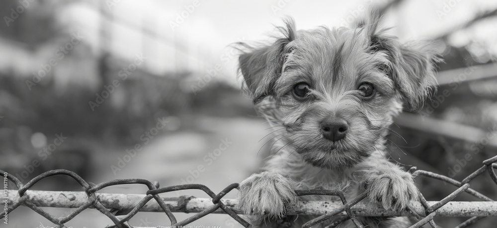 Black and white image of a puppy climbing on a fence at a shelter, representing the longing for freedom and a loving home - obrazy, fototapety, plakaty 