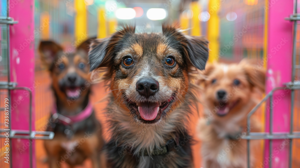 Enthusiastic dogs in a colorful shelter environment, eager and ready for a chance at adoption and a happy life.. - obrazy, fototapety, plakaty 