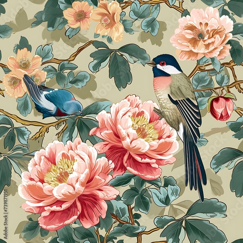 Fototapeta Naklejka Na Ścianę i Meble -  chinoiseries sweet pink peonies with bird background