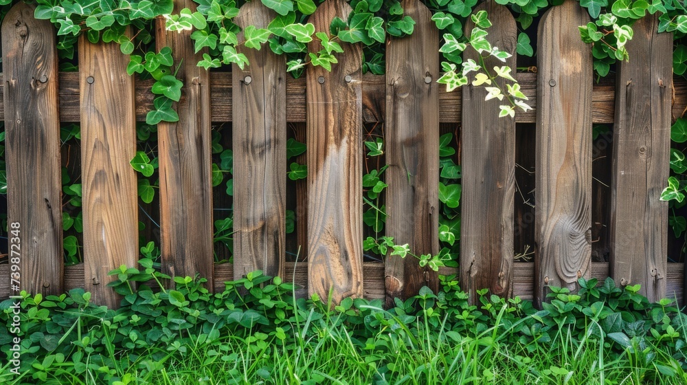 Old Wooden Fence Overgrown with Green Ivy