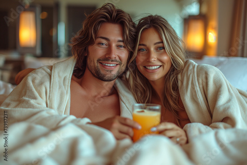 Couple in bathrobes drinking juice on bed at hotel suite