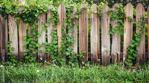 Old Wooden Fence Overgrown with Green Ivy