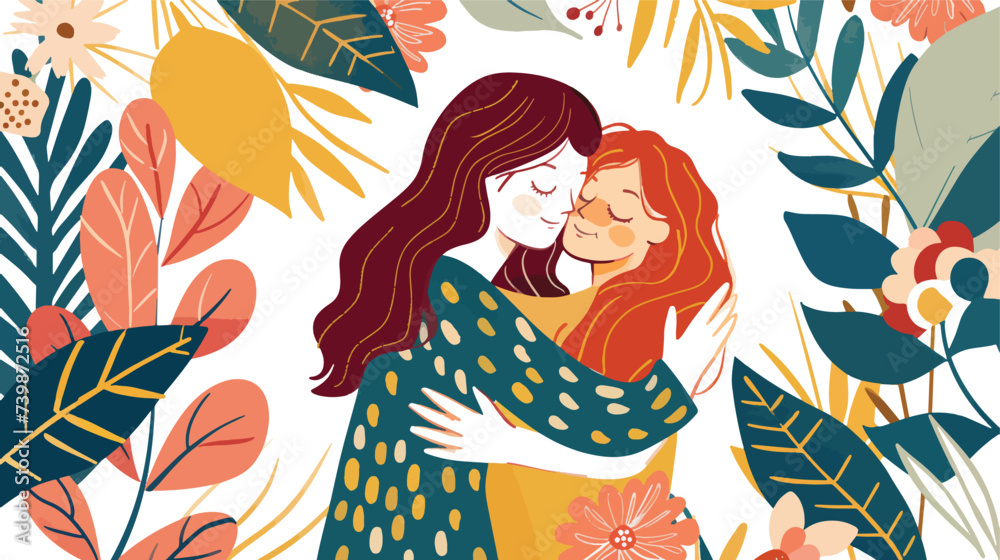 Mother embraces her daughter on a floral background