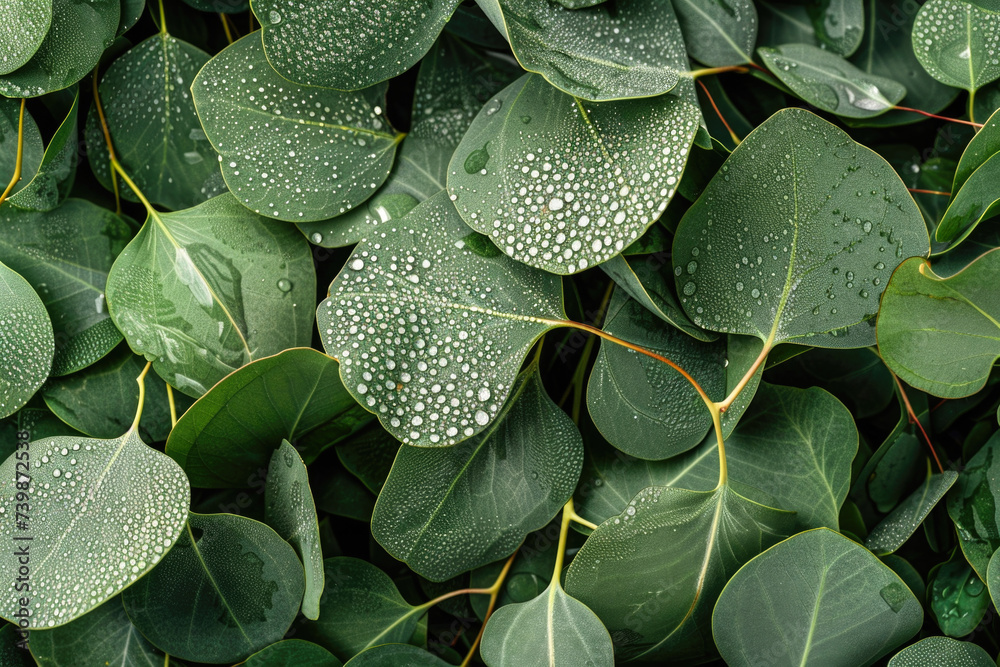 Fresh Eucalyptus Leaves with Dewdrops Close-Up for Spa and Natural Themes Fresh Eucalyptus Leaves with Dewdrops Close-Up for Spa and Natural Themes