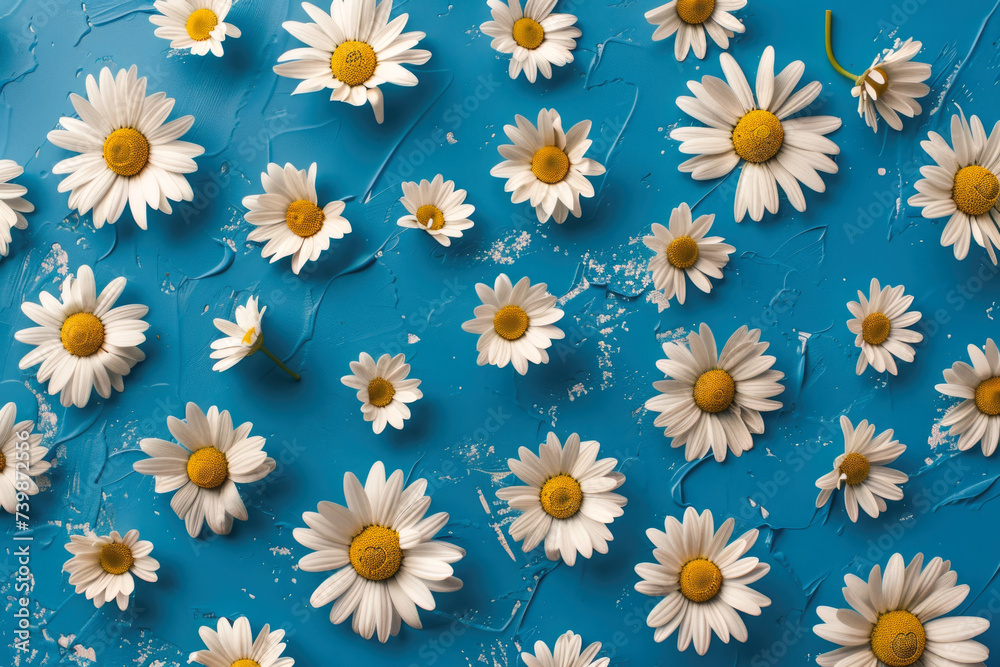 Vibrant Chamomile Flowers Spread on a Textured Blue Background Vibrant Chamomile Flowers Spread on a Textured Blue Background
