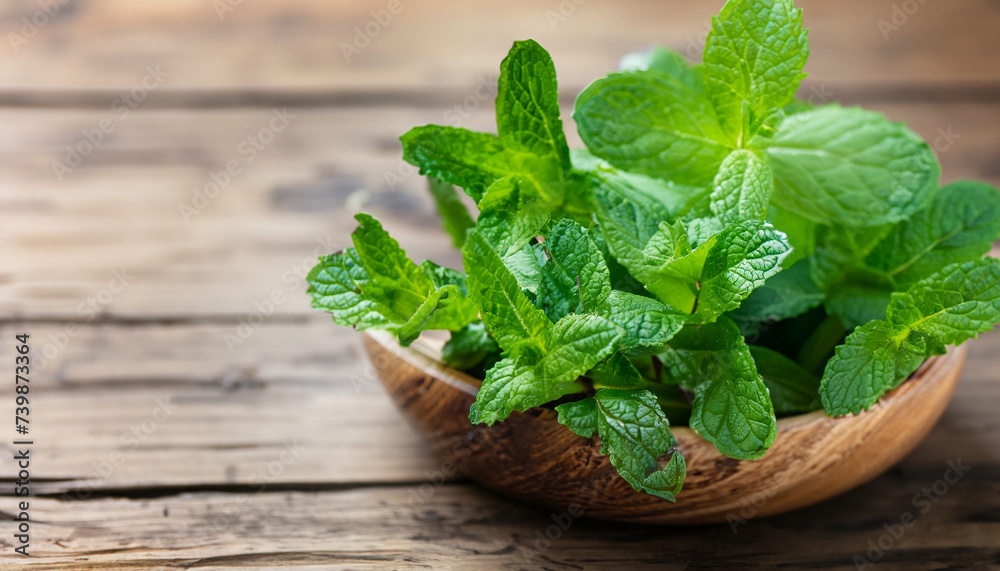 Fresh mint on wooden table, selective focus with copy space for text Fresh mint on wooden table, selective focus with copy space for text