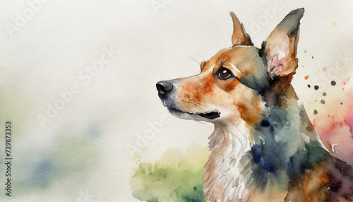 Dog, watercolor art, canvas background, copy space on one side © Giuseppe Cammino