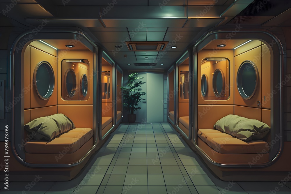 Futuristic spaceship interior with cryo chambers and a plant in the ...