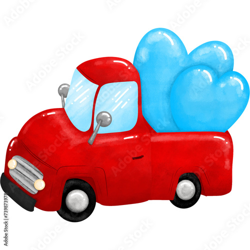 red toy car truck heart cute draw paint design for decoration love design isolated on white