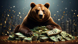A bear with a pile of banknotes and gold coins