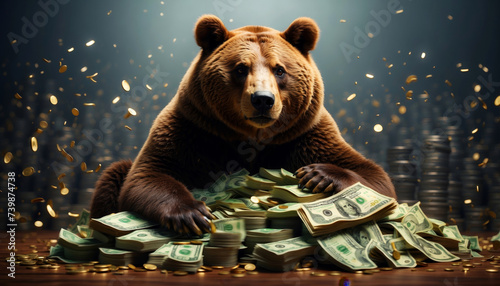 A bear with a pile of banknotes and gold coins photo