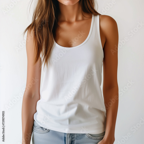White Tank Top Mockup, Woman, Girl, Female, Model, Wearing a White Tank Top and Blue Jeans, Blank Shirt Template, White Background, Close-up View