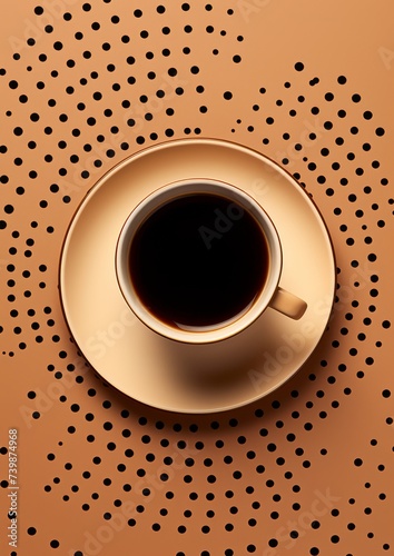 Top view of a beige coffee cup with coffee and beige coffee saucer with coffee patterns in brown beige colors. Americano coffee in cup. Close up aromatic coffee cup with roasted beans.
