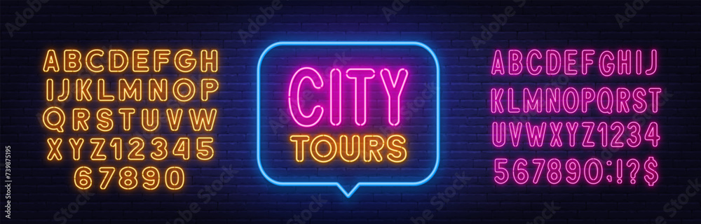 City Tours neon sign in the speech bubble on brick wall background City Tours neon sign in the speech bubble on brick wall background