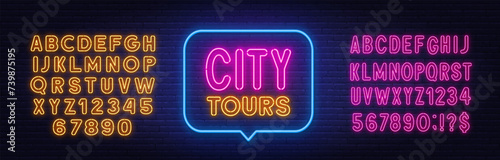 City Tours neon sign in the speech bubble on brick wall background