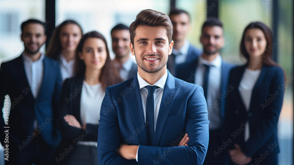 Happy young male business leader standing in front of her team Happy young male business leader standing in front of her team