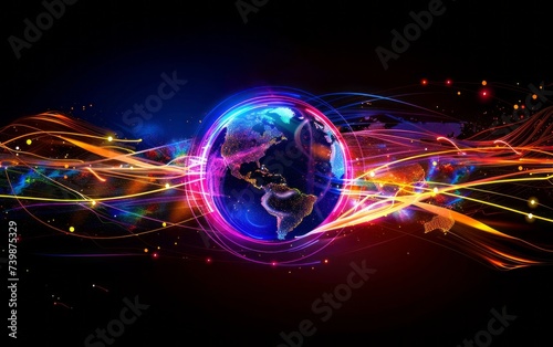 An illuminated globe on a dark background with data streams circling around, symbolizing the internet's global network connections.