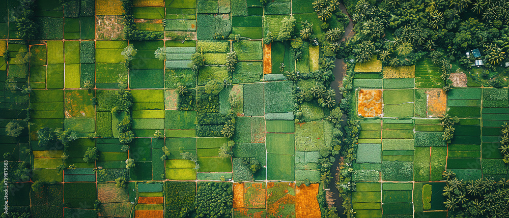 Banner of aerial satellite view of cultivated agricultural farming land ...