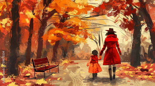 Mother and daughter taking a walk in the autumn park.