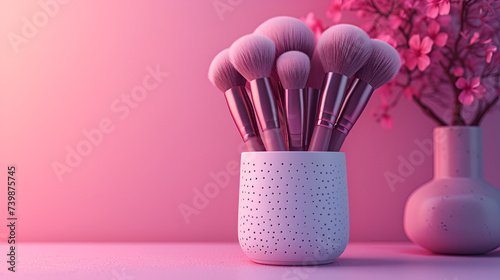 Makeup brushes in a glass vase on a pink background. copy space  generative ai