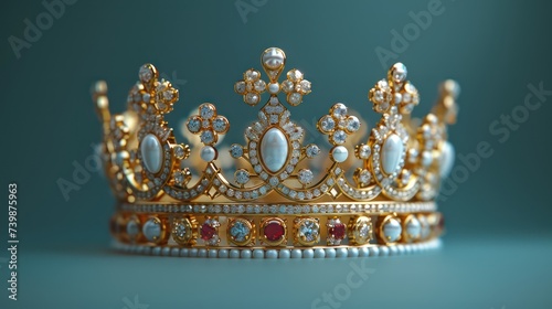 Golden royal crown with precious stones on blue background. Generative AI