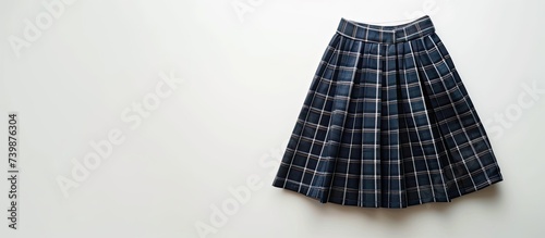 A pleated plaid skirt designed for school uniforms is seen hanging on a white wall. The skirt is neatly displayed, showcasing its pattern and structure. photo
