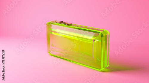 A bright neon green acrylic clutch on a soft pink background, creating a vibrant and modern space for copy. © Noreen