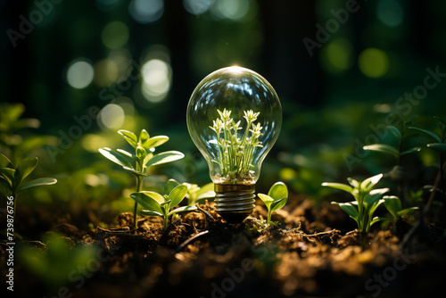 Glass bulb with green leaf inside in nature background