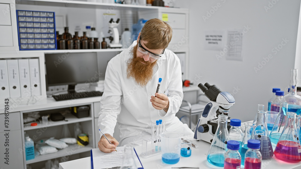 Handsome young redhead man working in laboratory, serious scientist with beard taking notes and analyzing test tube in research center Handsome young redhead man working in laboratory, serious scientist with beard taking notes and analyzing test tube in research center