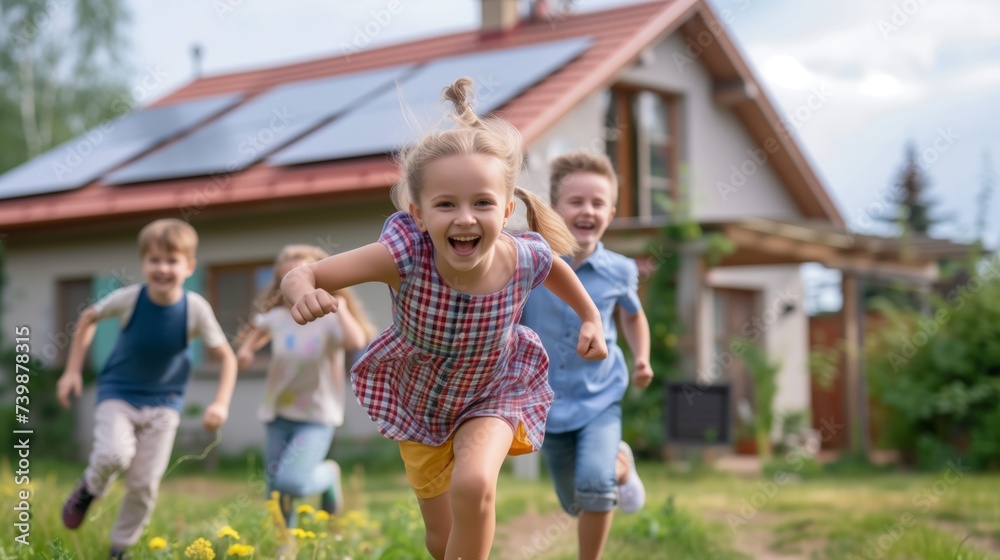 happy children running in front of a house with solar energy panels