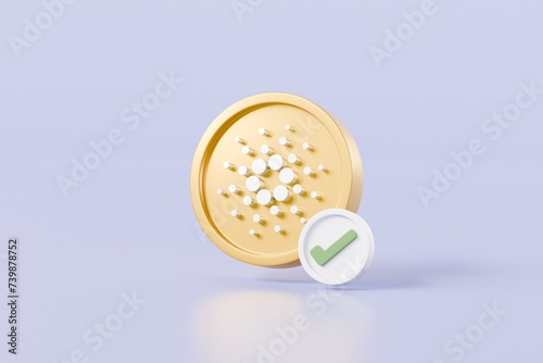 3d Gold coin or bitcoin currency money with checkmark icon. Bitcoin digital gold coin icon. business and financial exchange. Digital crypto currency concept. Isolated background. 3d rendering.