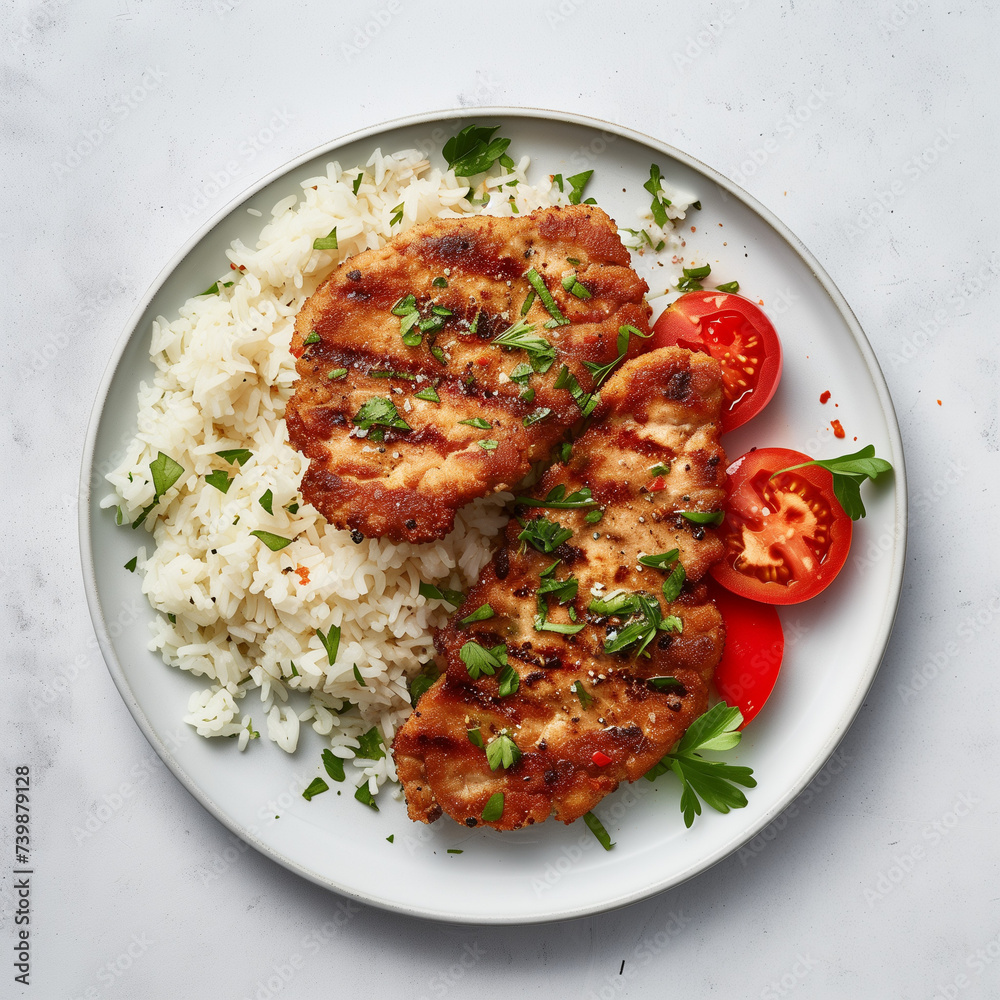 Breaded Cutlets with Rice and Fresh Tomato Slices on Plate Breaded Cutlets with Rice and Fresh Tomato Slices on Plate