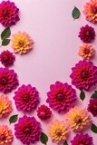 Dahlia flowers in a frame, highlighted in the background, top view. Mixed flower arrangements. A place to copy. Flowers for Mom. Wedding concept, Mother's Day, beautiful bridal bouquet, Birthday, Vale