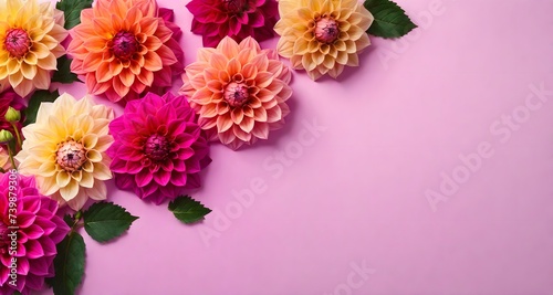 Dahlia flowers in a frame, highlighted in the background, top view. Mixed flower arrangements. A place to copy. Flowers for Mom. Wedding concept, Mother's Day, beautiful bridal bouquet, Birthday, Vale photo