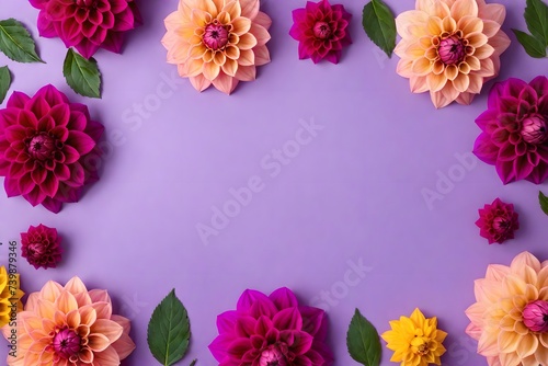 Dahlia flowers in a frame, highlighted in the background, top view. Mixed flower arrangements. A place to copy. Flowers for Mom. Wedding concept, Mother's Day, beautiful bridal bouquet, Birthday, Vale photo