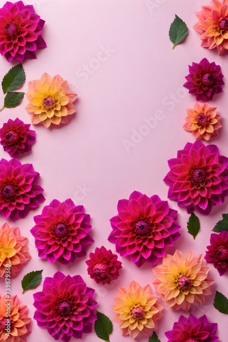 Dahlia flowers in a frame  highlighted in the background  top view. Mixed flower arrangements. A place to copy. Flowers for Mom. Wedding concept  Mother s Day  beautiful bridal bouquet  Birthday  Vale