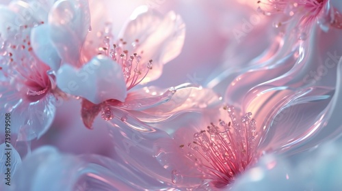 Close-up of cherry blossom petals delicately covered in cold frost, a dance of fluid and wavy forms in winter's touch.