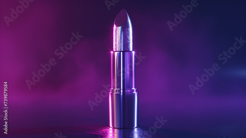 A metallic silver lipstick on a dark purple background, providing a dramatic backdrop for copy. The lipstick is futuristic and has a shimmering finish. 4K, epic details. © Noreen