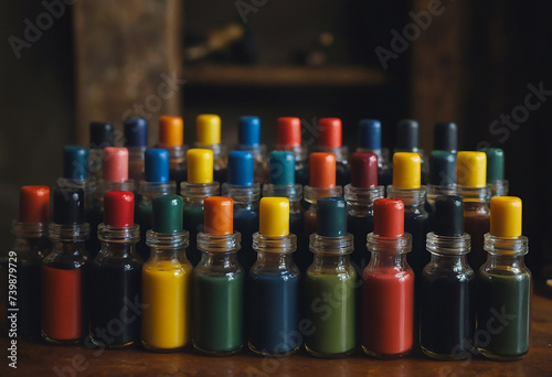 colorful containers of ink bottles for tattoo ink, holi festival, painting, paint eggs for Easter