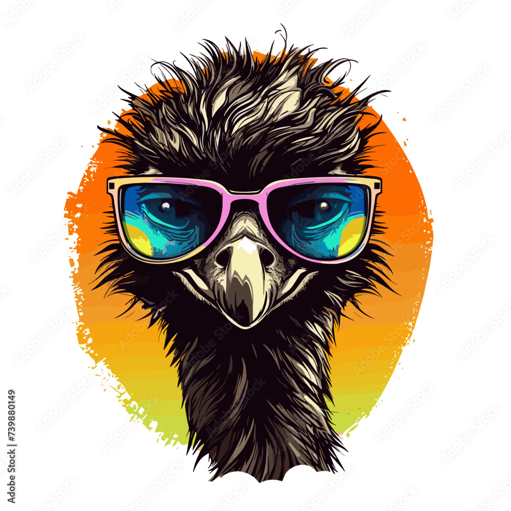 Ostrich in sunglasses. Vector illustration on white background.