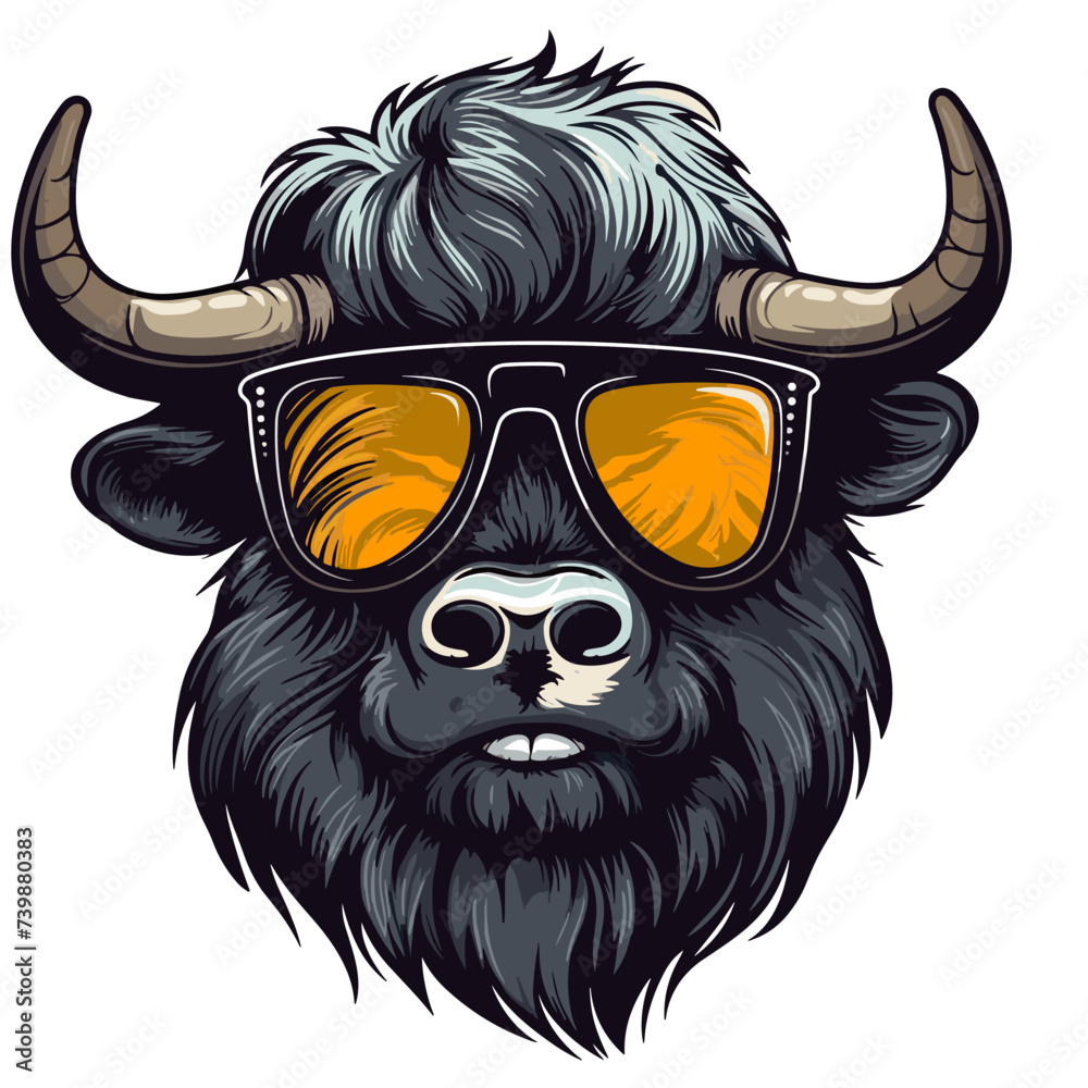 Naklejka premium Bison head in sunglasses. Vector illustration isolated on white background.