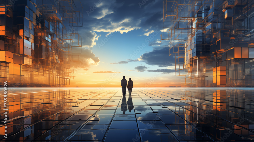 Couple gazing into sunset horizon with city geometric blueprint background image. Abstract desktop wallpaper picture. Future paths aspirations photo backdrop. Technology romance concept