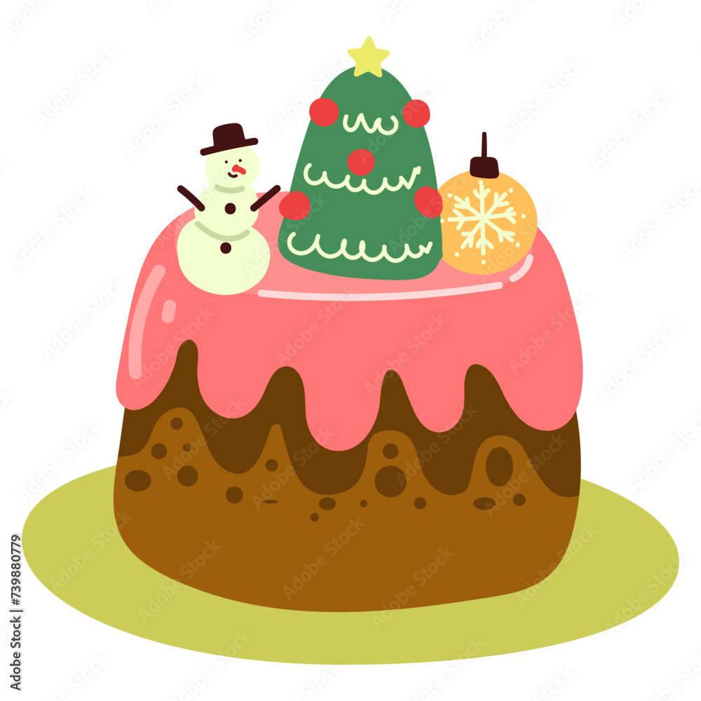 Christmas cake with festive decoration. Baked sponge dessert with Xmas firs, berries. Winter holiday pie. New Year food. Flat vector illustration isolated on white background Christmas cake with festive decoration. Baked sponge dessert with Xmas firs, berries. Winter holiday pie. New Year food. Flat vector illustration isolated on white background