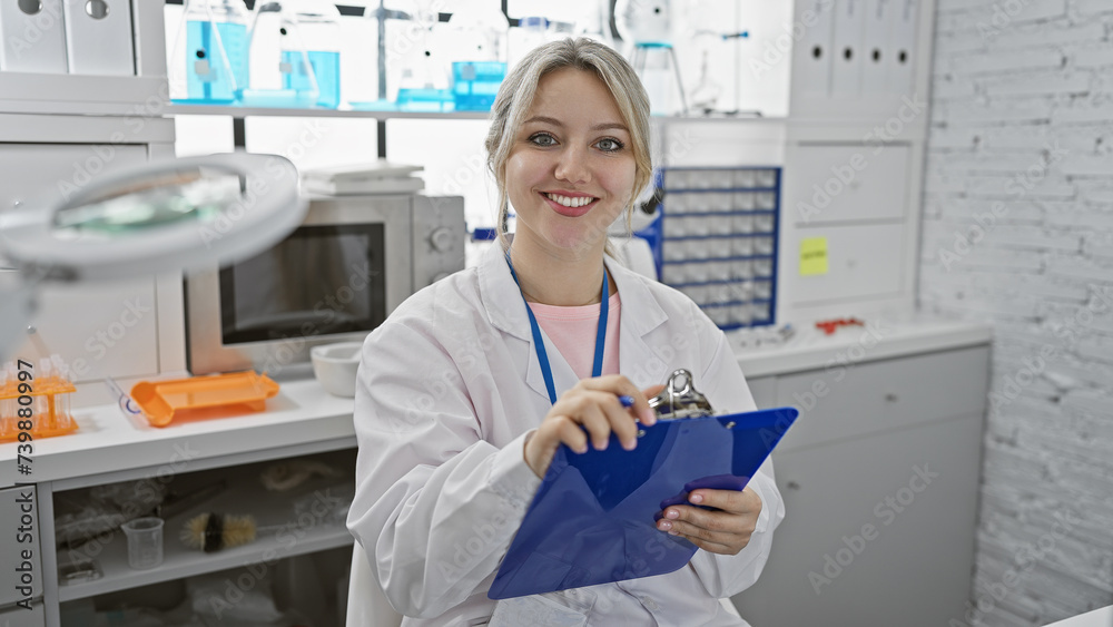 A young blonde woman in a lab coat holding a clipboard smiles in a bright laboratory setting.