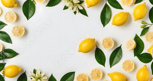 Lemons frame on background. Top view of fresh lemons on a background with a place for the banner text. Heap of fresh, ripe lemons. Space for text