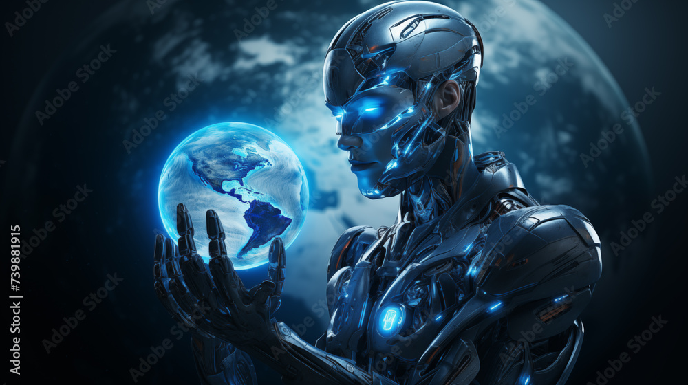 Futuristic android holding glowing Earth portrait image. AI in global ...
