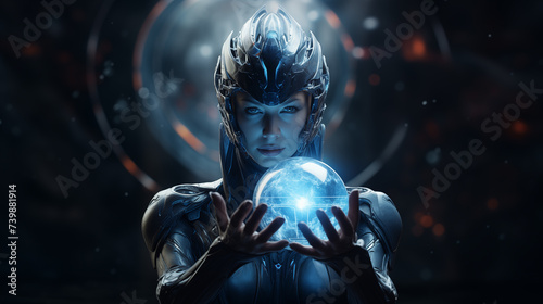 Celestial female android cradles radiant orb portrait image. Cosmic power closeup picture photorealistic. Universe electronics artificial intelligence concept photo, background copy space © AImg
